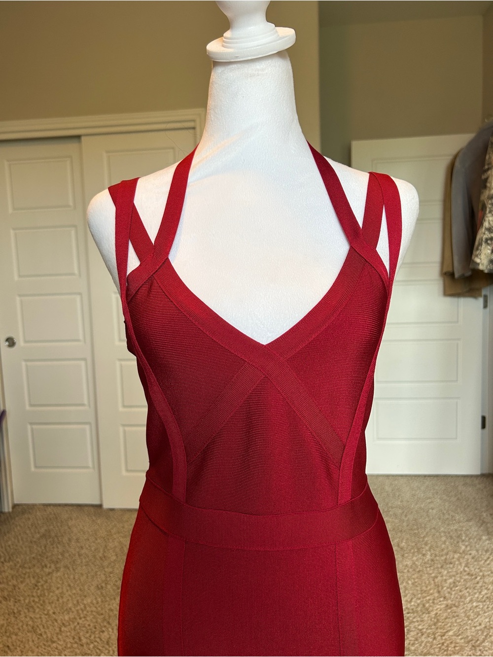 BEBE Red Halter Bandage Bodycon Strappy Evening Going Out Dress Size Medium - Picture 2 of 10